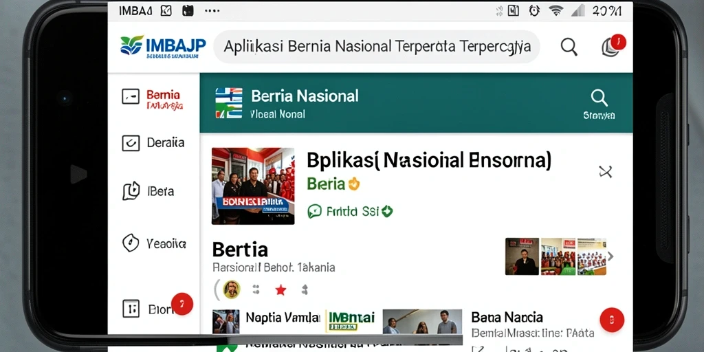 Tampilan antarmuka pengguna aplikasi IMBAJP dengan berita nasional terkini.