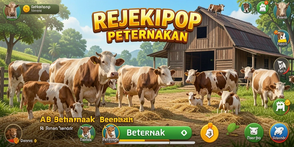 Antarmuka utama permainan REJEKIPOP dengan hewan peliharaan dan ladang.